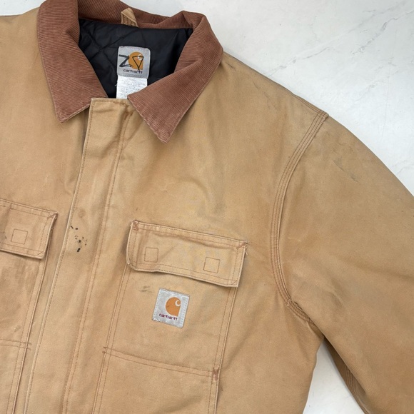 Vintage Carhartt Sz 44 Tan Corduroy Collar Canvas Insulated Work Jacket Workwear - Picture 3 of 15